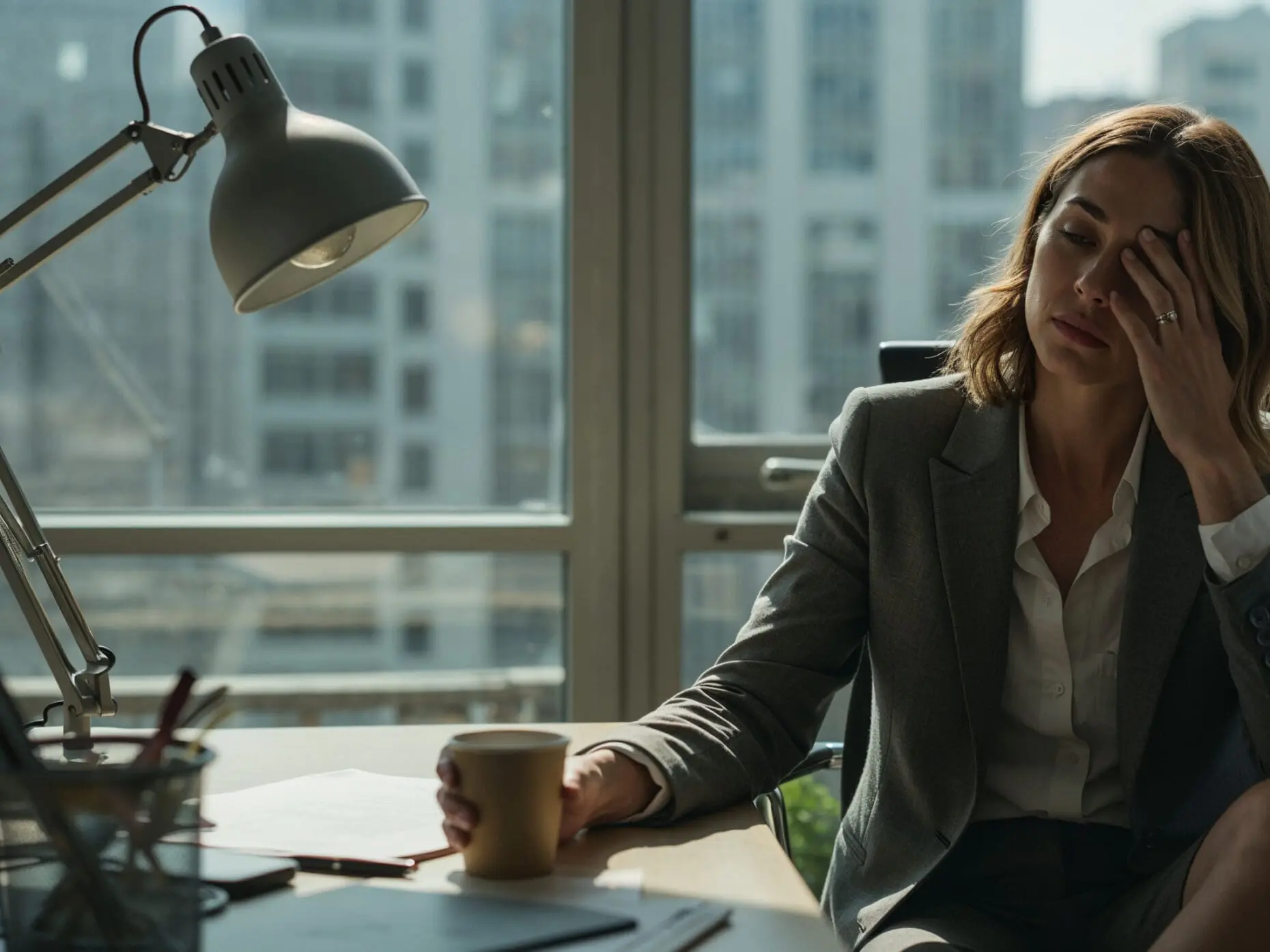 Erschöpfte Business-Frau sitzt tagsüber im hellen Büro als Symbol für Stressmanagement