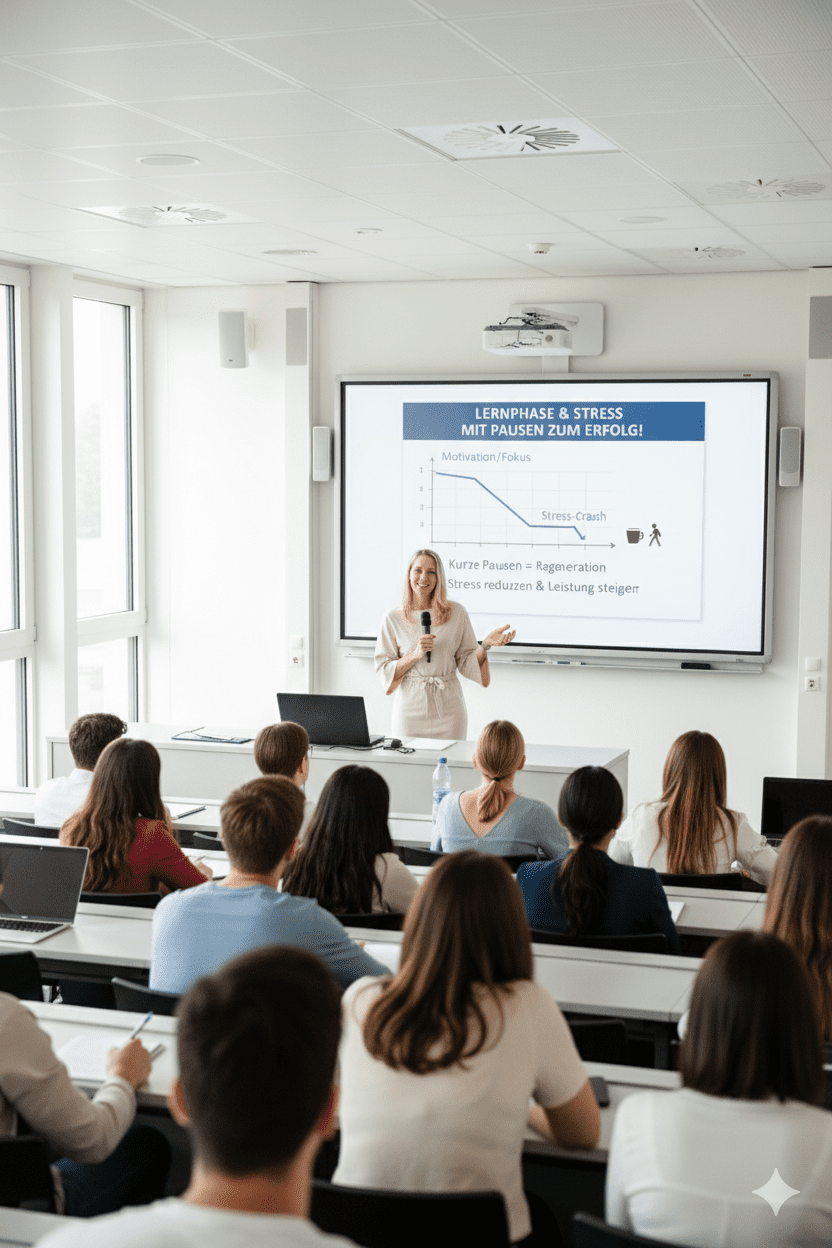 Dozentin Sandra Geithner unterrichtet Studenten an einer Universität über effektives Stressmanagement und die Notwendigkeit kurzer Pausen während des Lernens.