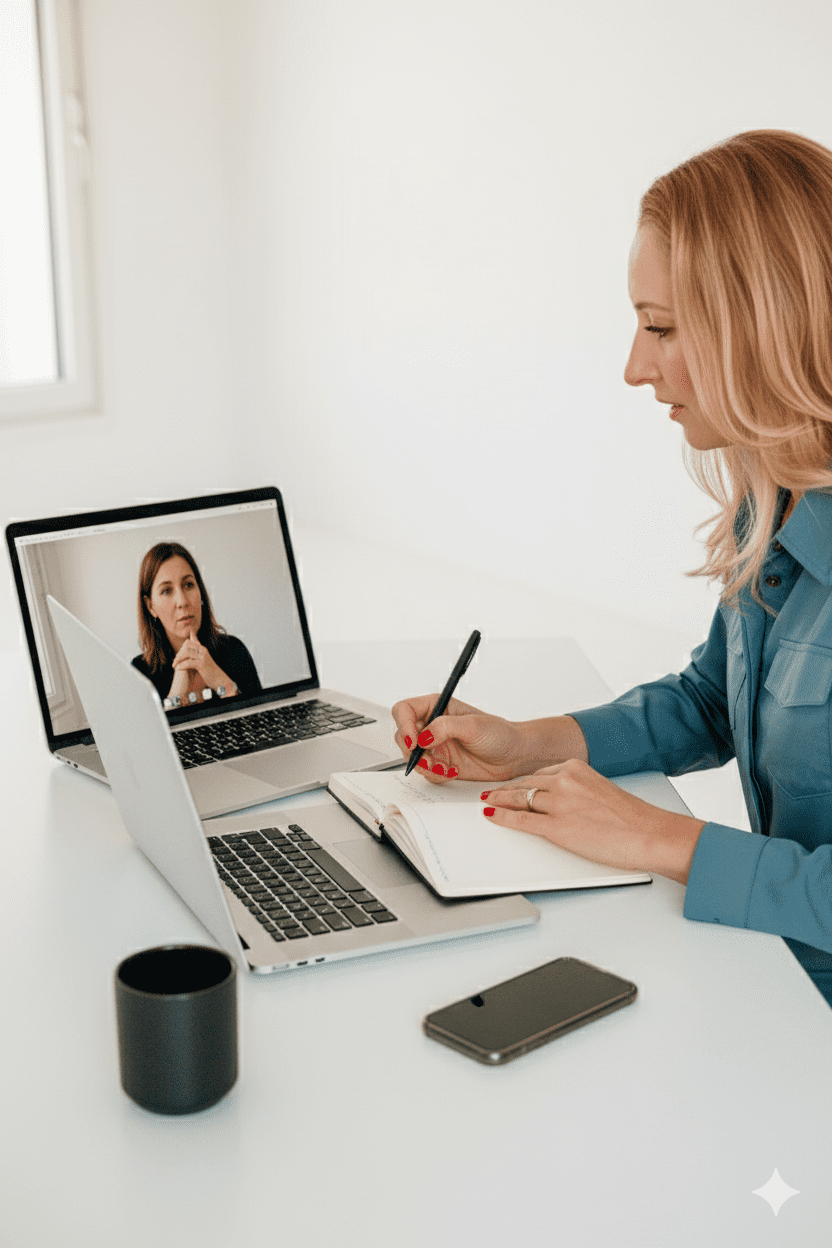 Sandra Geithner im professionellen 1:1 Video-Coaching am Laptop, konzentriert notierend, während die Klientin auf dem Bildschirm zu sehen ist.