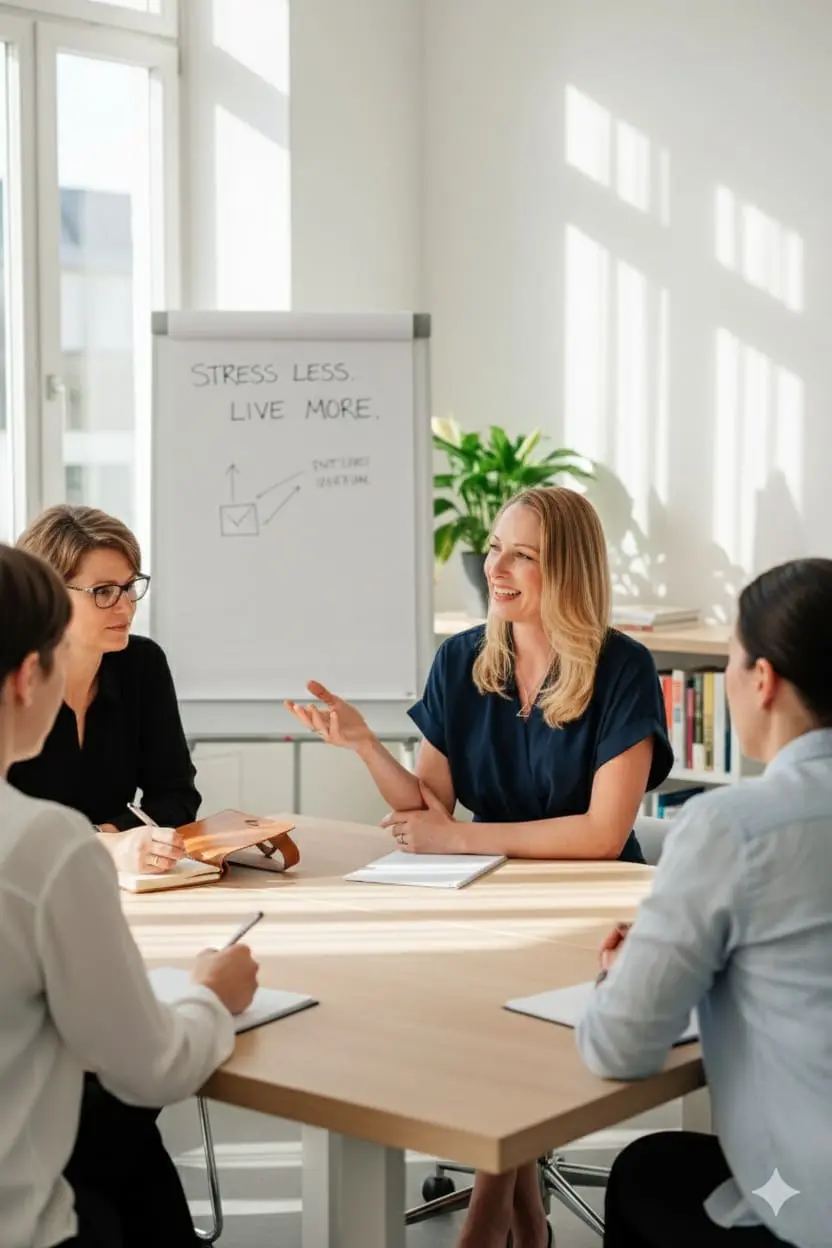 Sandra Geithner leitet einen Stressmanagement-Workshop in Berlin mit einer kleinen Gruppe von Teilnehmern