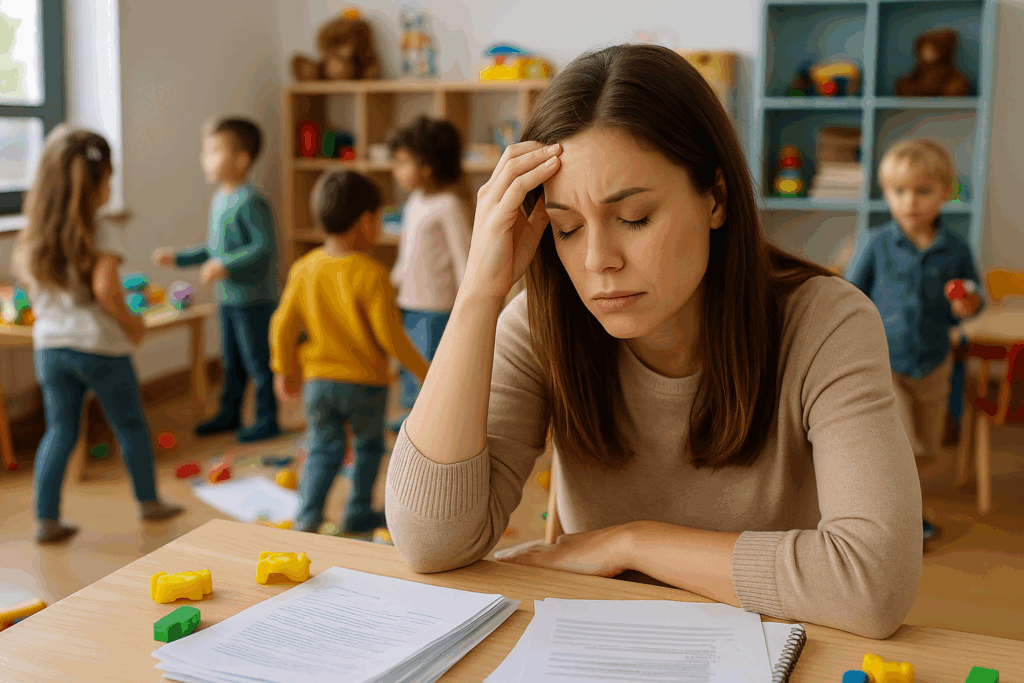 Gestresste Erzieherin im Kita-Alltag in Berlin beim Stressmanagement