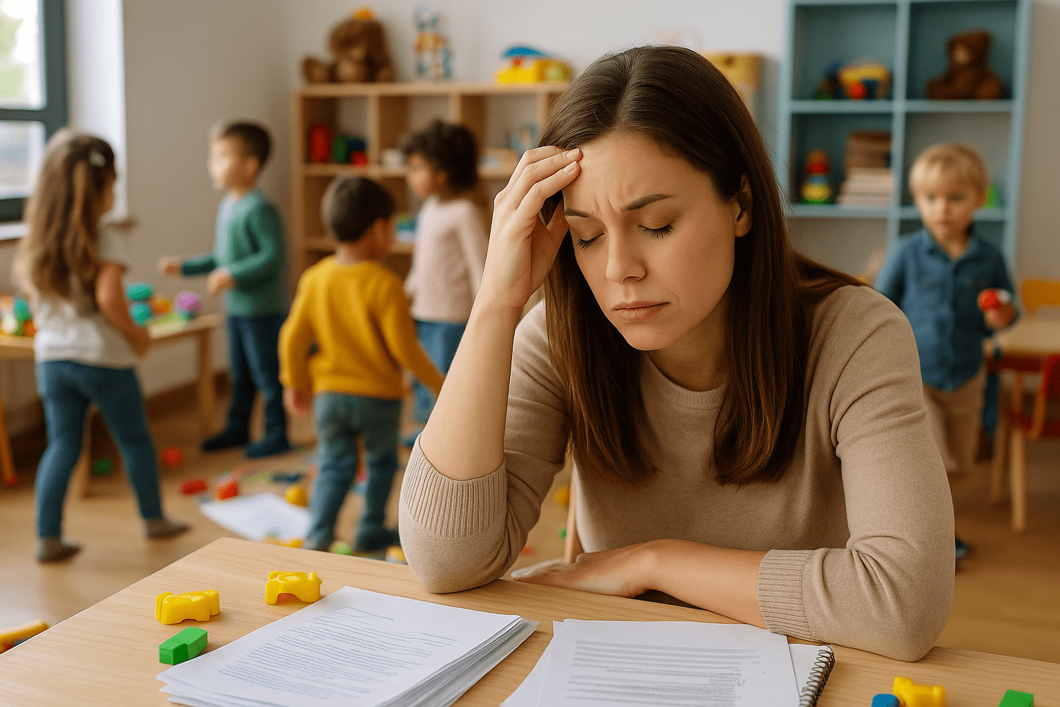 Gestresste Erzieherin im Kita-Alltag in Berlin beim Stressmanagement
