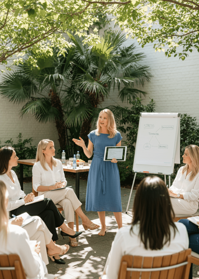 Sandra Geithner hält einen Impulsvortrag über Stressmanagement im Unternehmen für eine Gruppe von Mitarbeiterinnen.