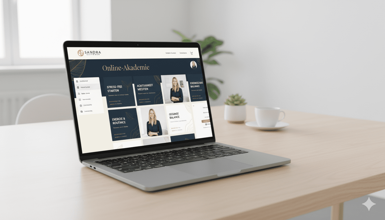 Laptop-Bildschirm mit Sandras Online-Kursen, die ein klares, energiegeladenes und stressreduzierendes E-Learning-Erlebnis bieten.